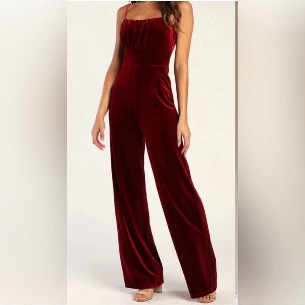 Lulu's - Red Velvet Wide-leg Jumpsuit - Size Small - Picture 1 of 8